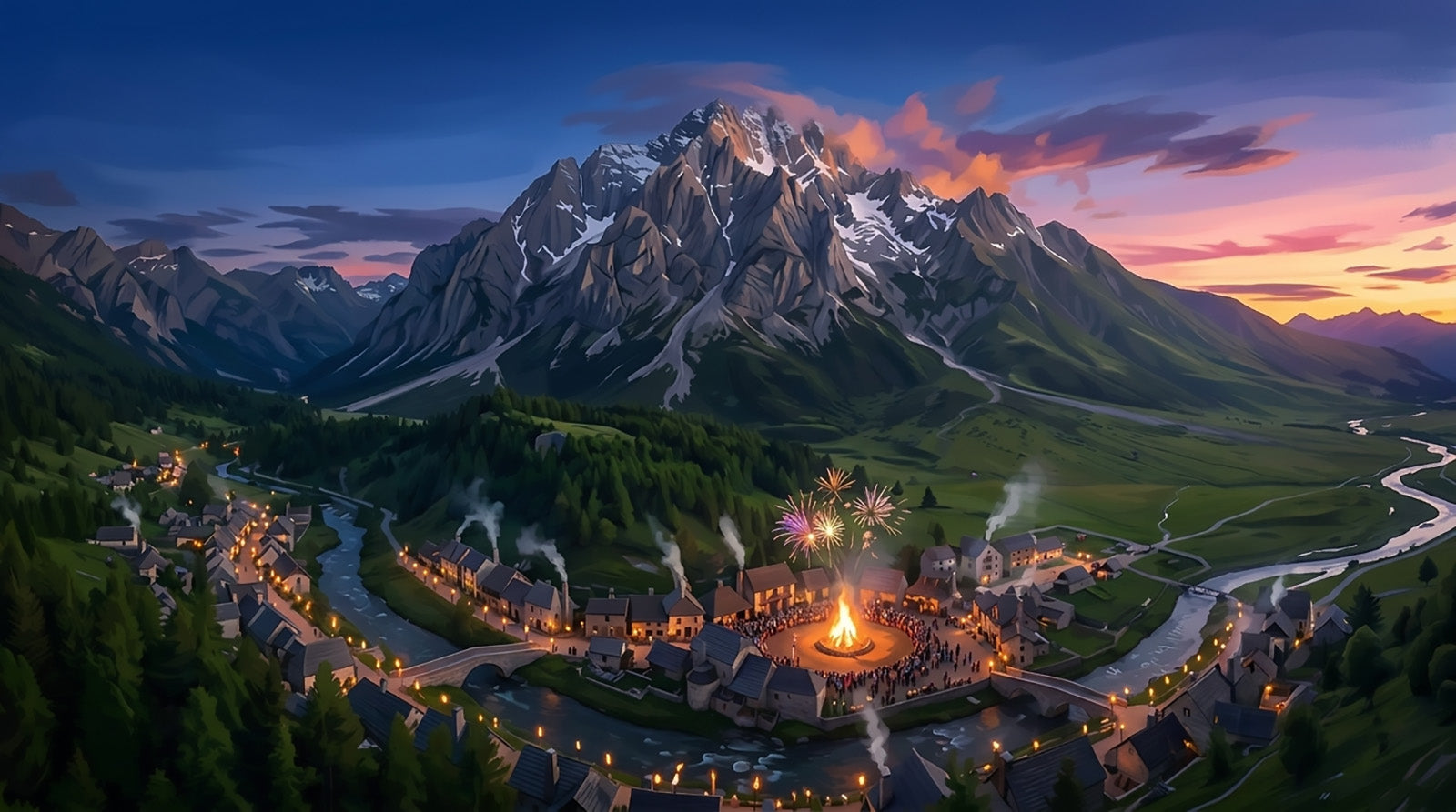 Town nestled in a valley with mountains at sunset, featuring a large bonfire and fireworks.